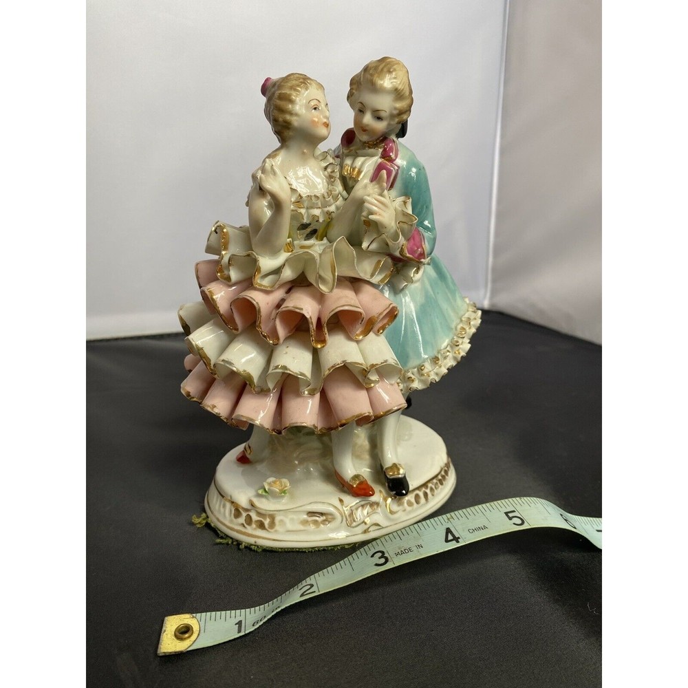 Vintage 7" Bone China Courting Couple Figurine Pink, Aqua with Gold Accents